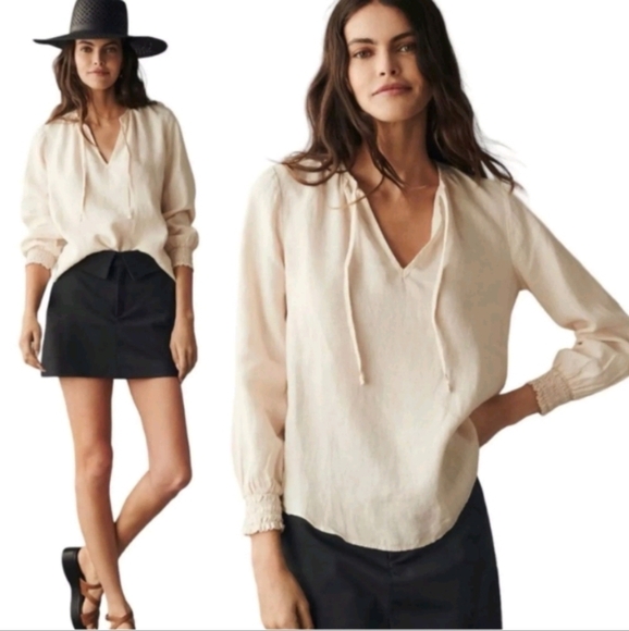 Anthropologie Cloth & Stone Linen Tie Neck Peasant Blouse Creamy Peach sz Xs - Picture 1 of 9